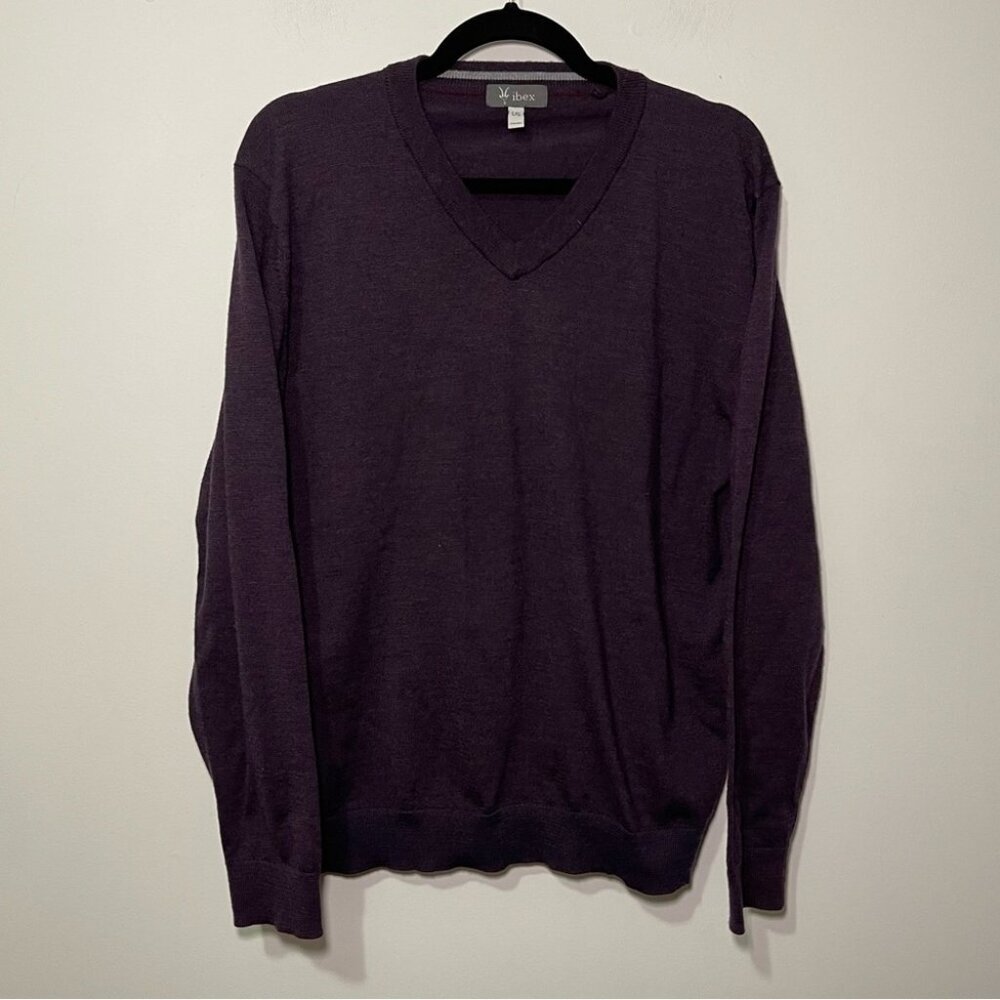 Ibex Men eggplant purple v neck long sleeve wool blend casual sweater in size L